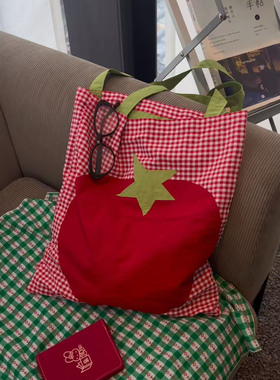 红色番茄格纹帆布包大容量通勤托特包百搭时尚布袋撞色拼接单肩包