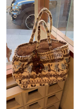 民族风费尔岛毛绒托特包拼接撞色雪花羊羔毛慵懒风腋下包单肩包