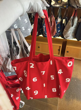 数字帆布包大容量托特包百搭通勤腋下包红色中号环保袋手提单肩包