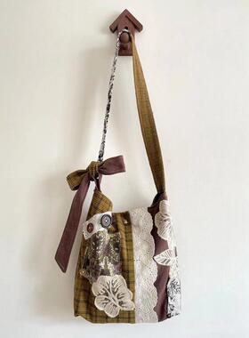 小众设计格纹蕾丝拼接水桶包学生上课通勤托特包百搭单肩斜挎包女