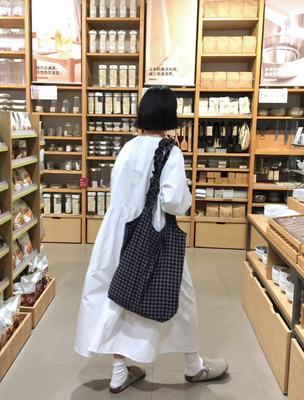 购物慵懒风日系简约格纹帆布包