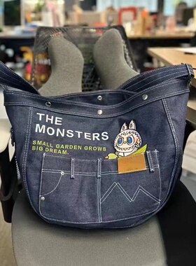 2024新款日韩卡通刺绣牛仔单肩包斜挎包学生大容量上课通勤托特包