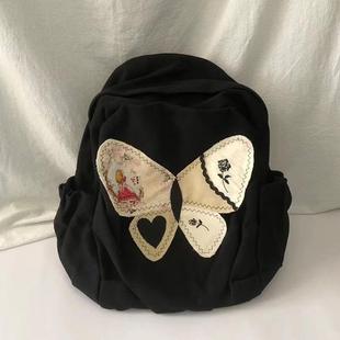 2025新款 小众复古双肩包包女撞色蝴蝶书包帆布包学生上课通勤包潮