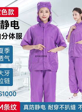 紫色防尘服连帽短袖套装男女工作夏季透气洁净车间分体服半袖上衣