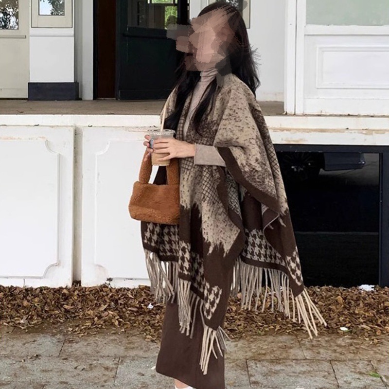 高级感复古千鸟格纹披肩斗篷气质百搭云南旅游保暖美拉德格纹披风