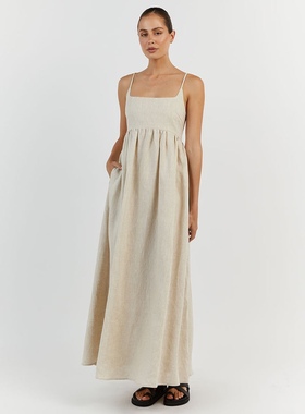 照照自制dissh同款小众设计u领亚麻高腰莫瑞系松弛感长吊带连衣裙