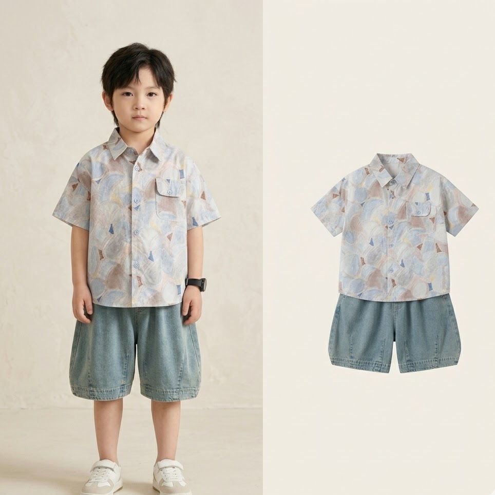 男童夏季短袖衬衫套装印花小孩子半截袖高端马裤一套四岁凉感轻薄