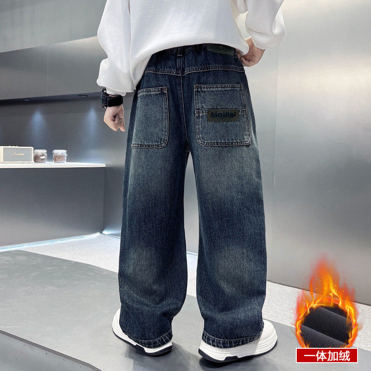 男童秋冬季牛仔裤哈伦裤小学生男款初中学生加绒加厚阔腿长裤子