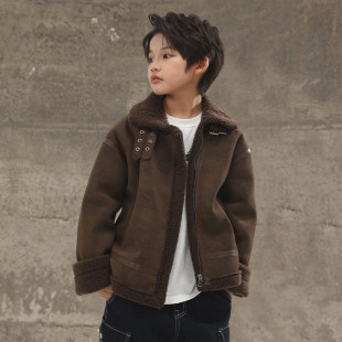 男童皮毛一体羊羔绒棉衣外套冬季加绒保暖麂皮绒机车夹克痞帅高级