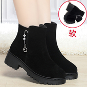 真皮中跟妈妈短靴女秋冬季 棉鞋 翻毛粗跟加绒加厚磨砂皮软底羊毛靴