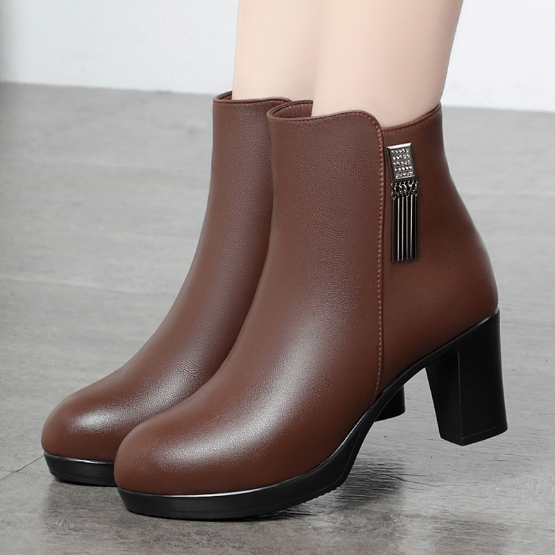 真皮羊毛短靴女高跟2025新款冬款靴子加绒加厚粗跟保暖大棉鞋冬靴