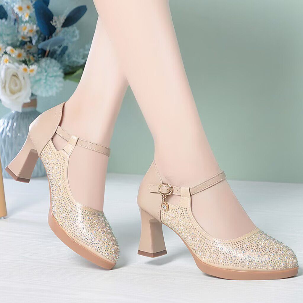 金色旗袍走秀高跟鞋女不累脚一字扣粗跟真皮鞋软底喜婆婆婚宴鞋子