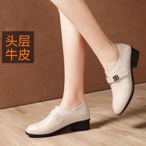 2023春秋季真皮粗跟单鞋韩版百搭女鞋圆头软皮软底休闲深口中跟鞋