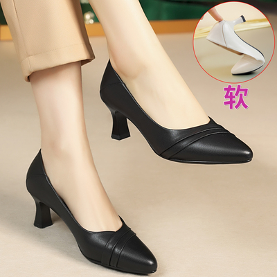 尖头小粗跟真皮浅口女鞋正装单鞋