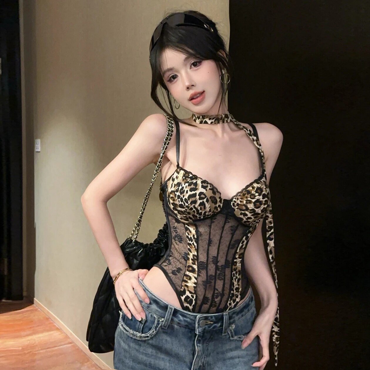 野性狩猎*性感辣妹透视网纱豹纹连体衣纯欲吊带美背小胸内衣套装