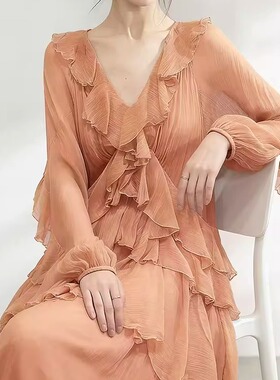 高端法式v领真丝连衣裙长袖桑蚕丝长款洋气大码女装胖MM裙子显瘦