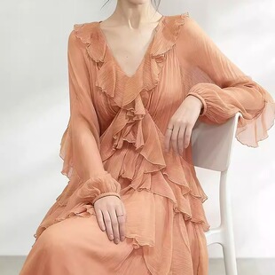 女装 高端法式 洋气大码 桑蚕丝长款 胖MM裙子显瘦 v领真丝连衣裙长袖