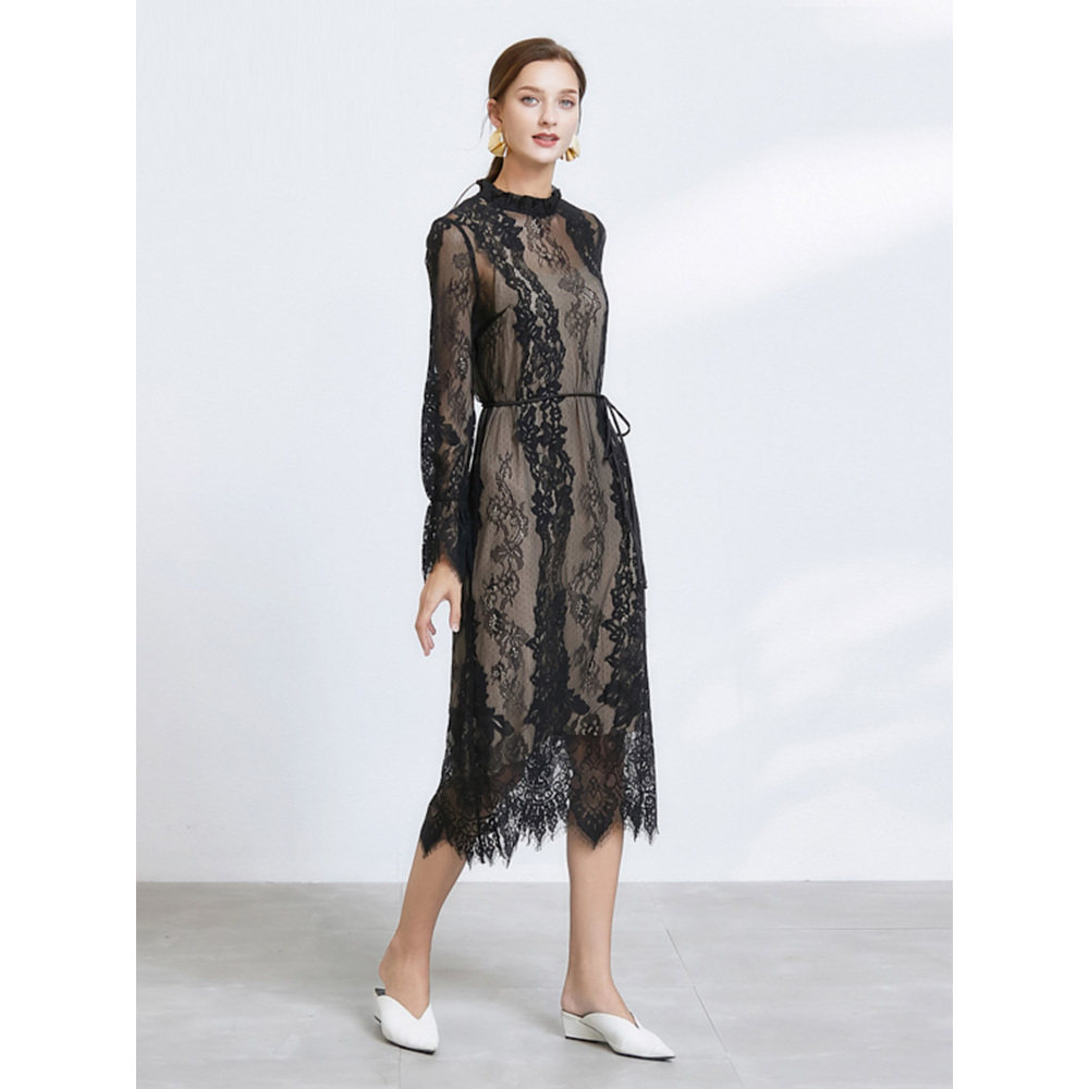 高端洋气蕾丝连衣裙修身中长款气质长裙显瘦裙子黑色法式长打底裙