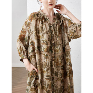 外套胖MM大码 苎麻拼接桑蚕丝真丝中长款 遮肚女 连衣裙新款 欧美大码