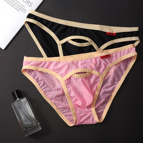 新款男士内裤性感低腰男三角裤舒适透气蕾丝超薄内裤个性情趣短裤