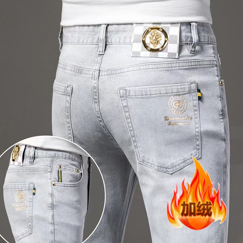 冬季加绒浅灰色牛仔裤男修身直筒韩版潮流弹力百搭高端烫金欧洲站