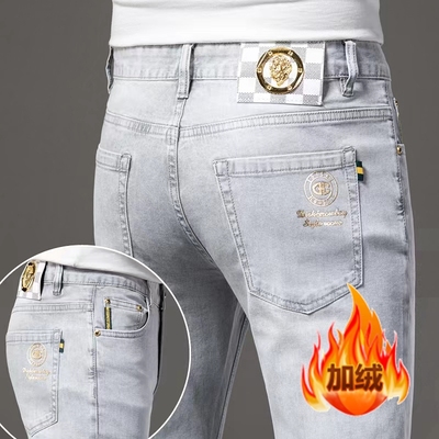 冬季加绒浅灰色牛仔裤男修身直筒韩版潮流弹力百搭高端烫金欧洲站