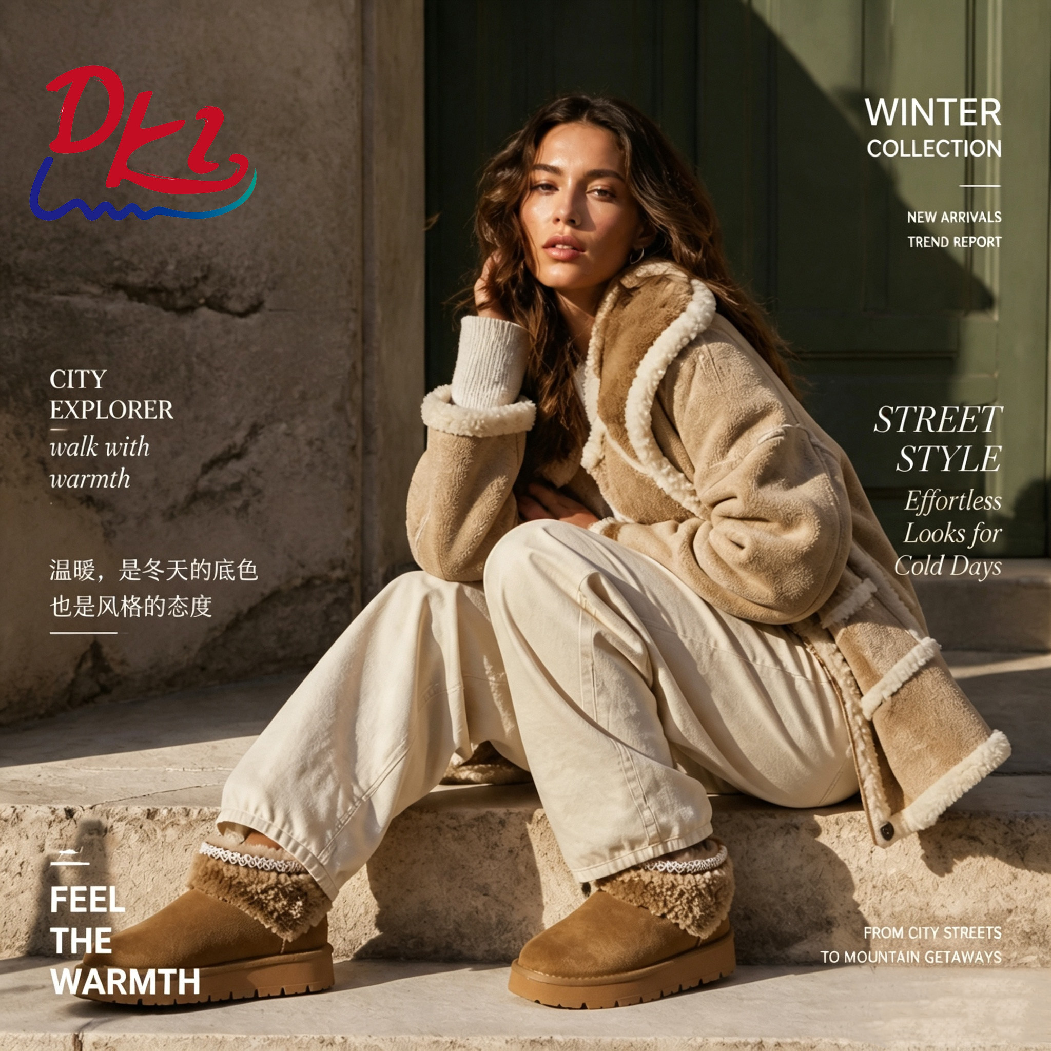 蒂珂伦皮毛一体中筒雪地靴冬季纯羊毛保暖厚底女靴时尚保暖女鞋