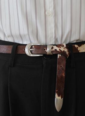 clean fit复古纯手工真马毛头层牛皮做旧镀银扣皮带腰带男女同款