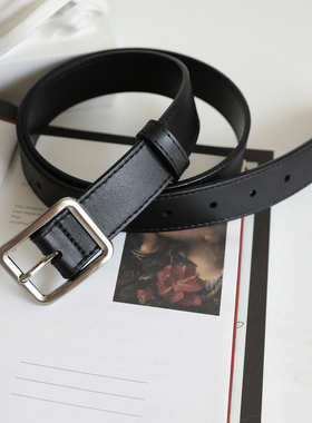 简约设计银色方扣腰带头层牛皮超软手感质感磨砂真皮皮带百搭裤带