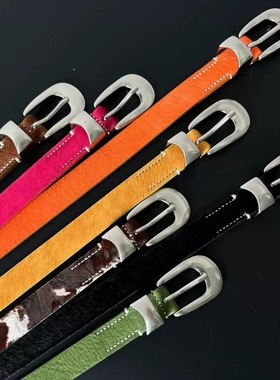 现货小众设计奶牛纹马毛腰带真皮头层牛皮皮带亮色高级感潮流裤袋