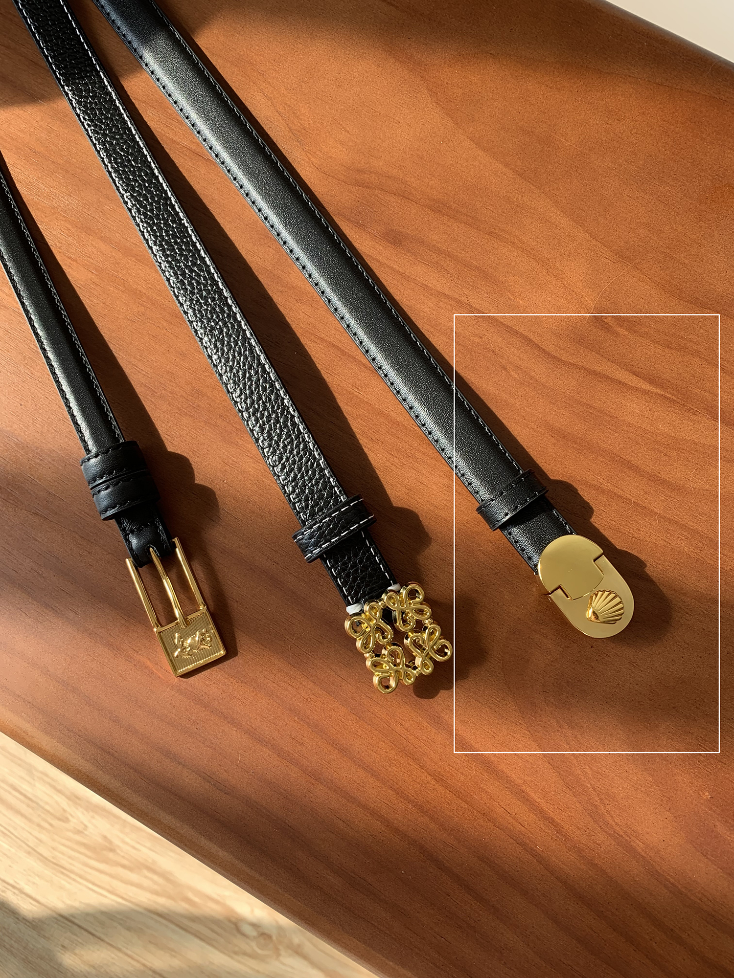 女士贝壳扣牛皮复古金色腰带