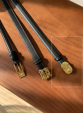 Miroment复古皮带窄版金贝壳黑色头层牛皮宽腰带百搭配西装大衣