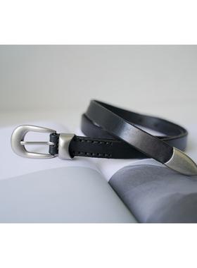 our legacy 金属银扣头层牛皮腰带真皮简约百搭黑色皮带男女同款