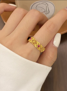 复古简约黄金色花丝珐琅戒指镂空轻奢百搭小众时尚精致指环女戒指