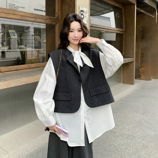 2026新款 女长袖 早春宽松慵懒风上衣潮 马甲拼接白色衬衫 高级感西装