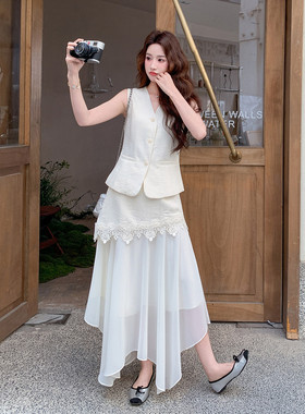 2026V领马甲蕾丝拼雪纺半身裙套装6262#P135-K248