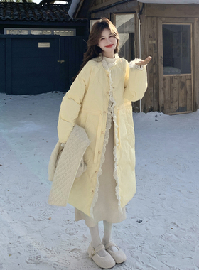 超好看蕾丝边长款过膝羽绒服2025冬新款减龄甜美外套女P285-K375