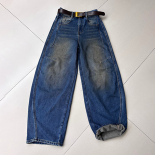 长裤 欧洲站加绒牛仔裤 高腰复古宽松显瘦百搭弯刀裤 新款 女2025冬季