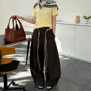 欧洲站休闲工装裤女2026年春季新款高腰系带阔腿裤皮带洋气长裤女
