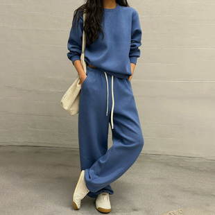 欧洲站休闲风运动套装女2026年秋季宽松卫衣阔腿裤两件套圆领长袖