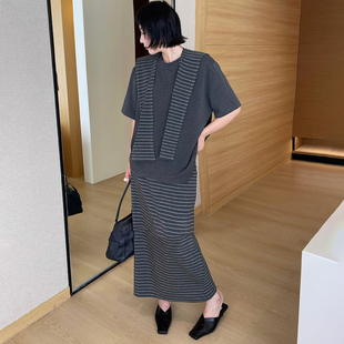 欧洲站休闲风条纹短袖三件套女2026早秋新款韩系chic套装大码显瘦
