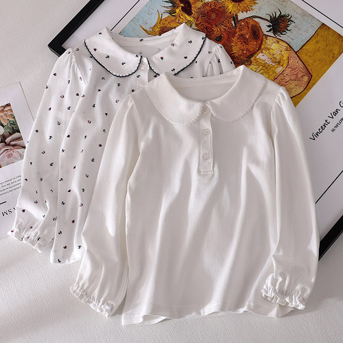 女童长袖T恤纯棉白色打底衫