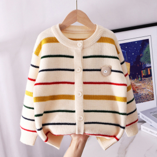 女童毛衣开衫 儿童针织外套女大童秋冬加绒加厚彩虹条毛线衣 春秋款