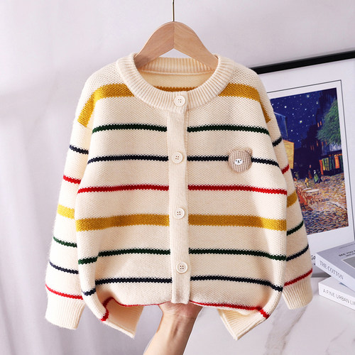 女童毛衣开衫彩虹条针织外套
