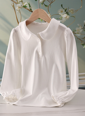 女童打底衫纯棉白色翻领上衣儿童长袖T恤春秋内搭衬衫大童polo衫