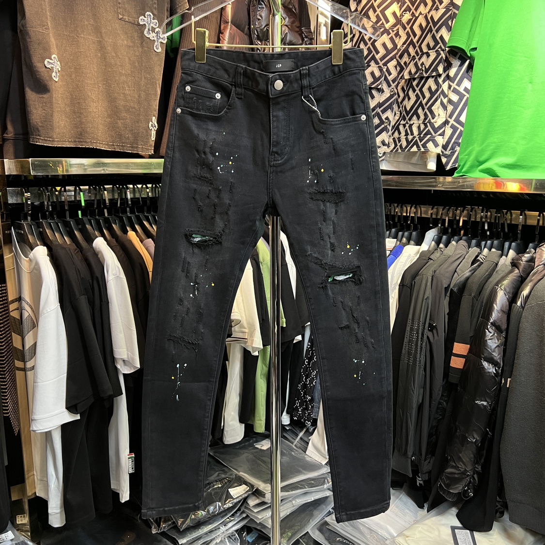 潮流时尚泼墨破洞补丁黑色牛仔裤男秋冬潮牌高街修身小脚裤乞丐裤