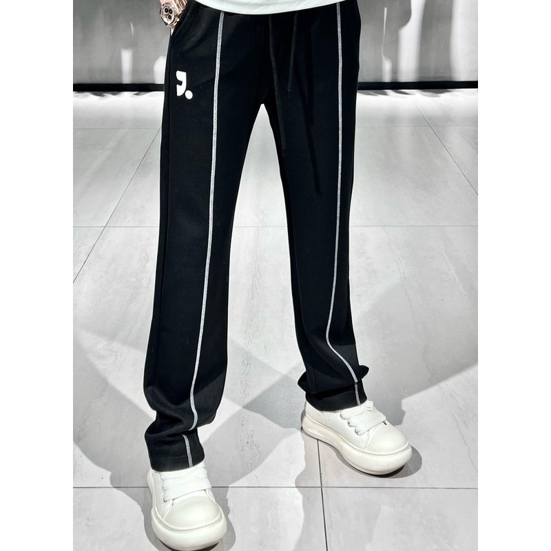 秋冬新款对比色明线口袋印花抽绳休闲卫裤长裤直筒运动裤男女情侣