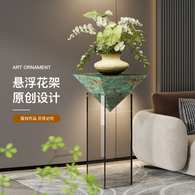 意式奢华大理石悬浮花架酒店展示架高端沙发旁电视柜落地装饰摆件