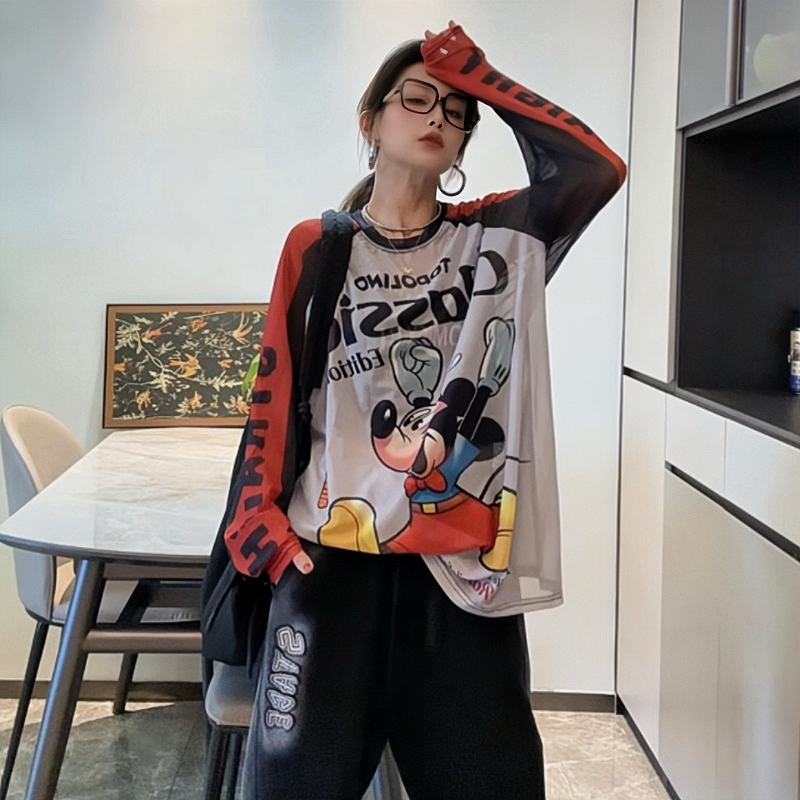 欧货撞色宽松网纱印花设计款T恤