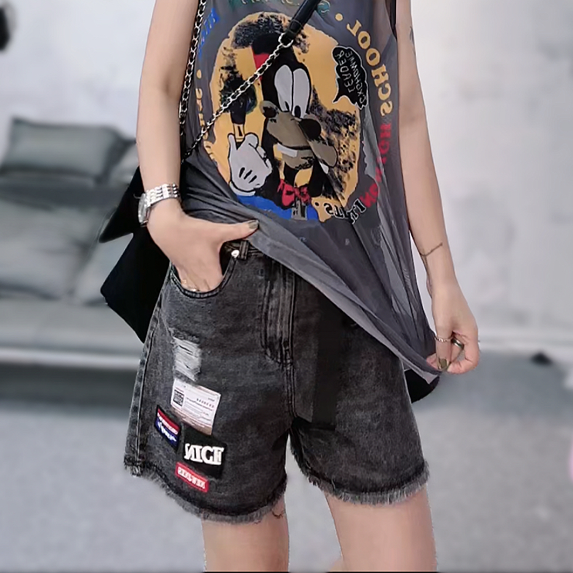 破洞毛边牛仔短裤欧货潮牌高腰阔腿裤设计多口袋撞色女刺绣热裤子